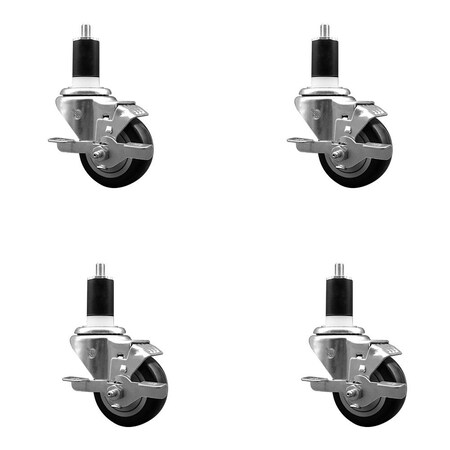 Service Caster 3'' Black Poly Swivel 1-1/2'' Expanding Stem Caster Set with Brake, 4PK SCC-EX20S314-PPUB-BLK-TLB-112-4